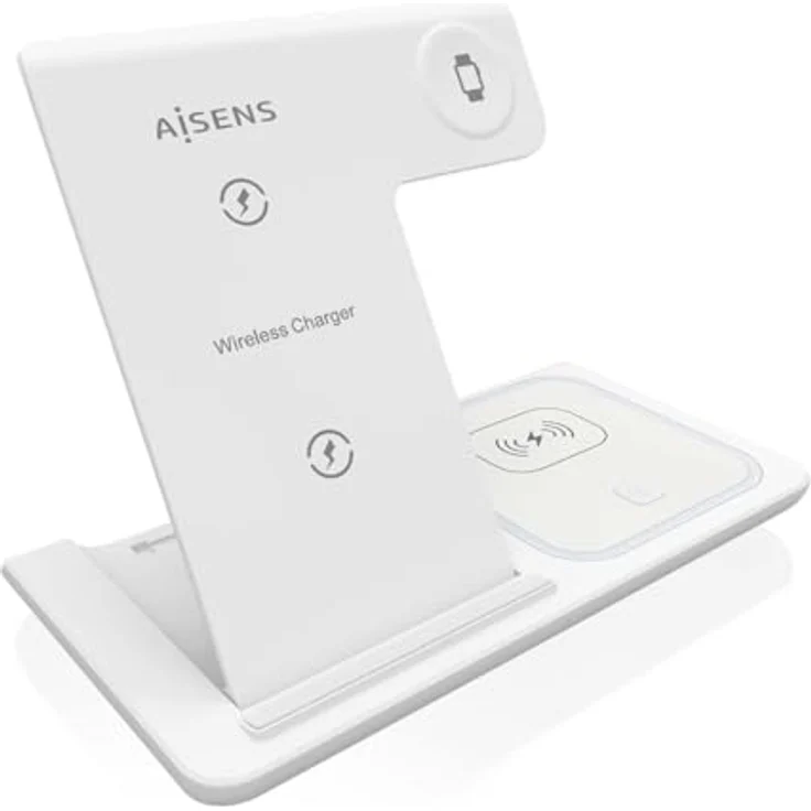 AISENS ASCH-15W3WC044-W, Kabelloses Ladegerät USB-C 3-in-1, 15 W, für Handy und Apple Watch, mit Ladekoffer, Weiß, faltbar, Qi-kompatibel – Bild 1