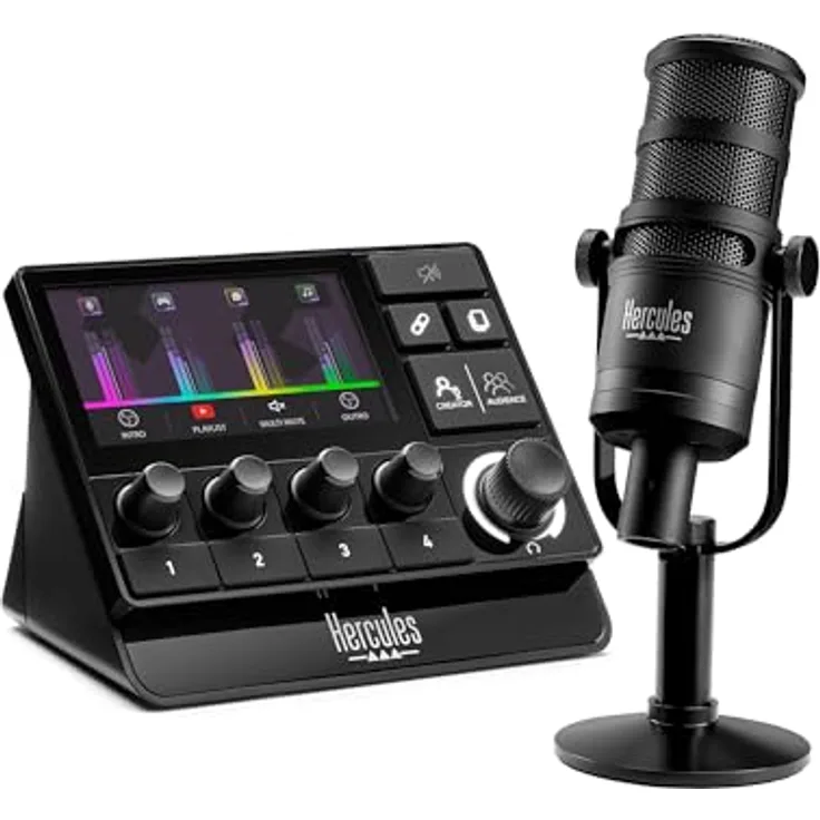 Hercules Stream Essentials Kit, Pro-Streaming-Set mit Stream 200 XLR Controller, HXD-700 XLR-Mikrofon und 3 Monate Voicemod Pro