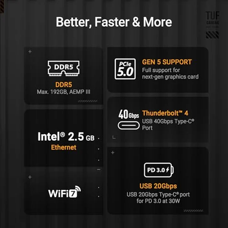 ASUS TUF Gaming Z890-PRO WiFi Mainboard Sockel Intel LGA 1851 (ATX, PCIe 5.0, DDR5, DisplayPort, HDMI, 2X Thunderbolt 4, 4X M.2, WiFi 7, Q-Release, Aura Sync) - Fortschrittliches KI-Mainboard für Intel Core Ultra Prozessoren (Serie 2) – Bild 5