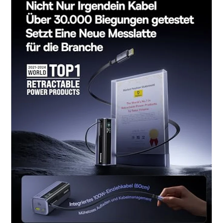 Baseus EnerGeek GR11 Laptop Powerbank 100W 10000mAh, Externer Akku mit 60cm Einziehbarem USB-C Kabel, für iPhone 16/15, iPad, MacBook, Laptop, Galaxy, Reisefreundlich mit Digitalem Display – Bild 3