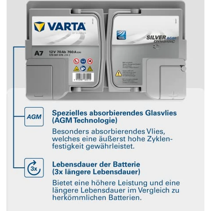 VARTA A7 Silver Dynamic AGM, 12V 70Ah 760A Autobatterie für Start-Stop Systeme, rüttelfest und auslaufsicher – Bild 6