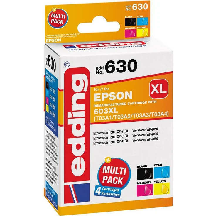 edding EDD-630, Kompatible Druckerpatronen in Schwarz, Cyan, Magenta und Gelb, 4er Pack für Epson 603XL, hohe Seitenleistung