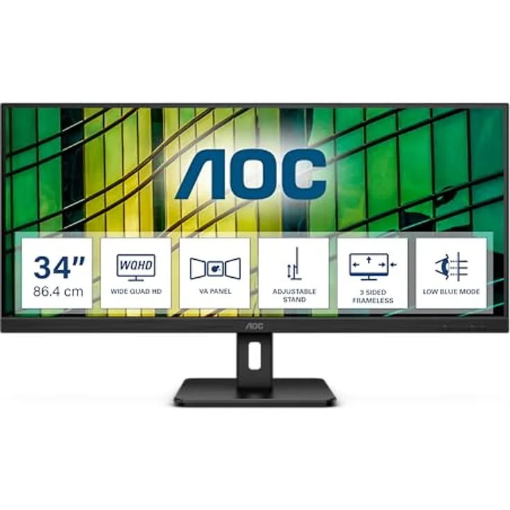 AOC U34E2M - 34 Zoll WQHD Monitor, 100 Hz, 4 ms, Adaptive Sync (3440x1440, HDMI, DisplayPort) schwarz, Office-Monitor mit VA Panel und Flicker Free Technologie – Bild 2