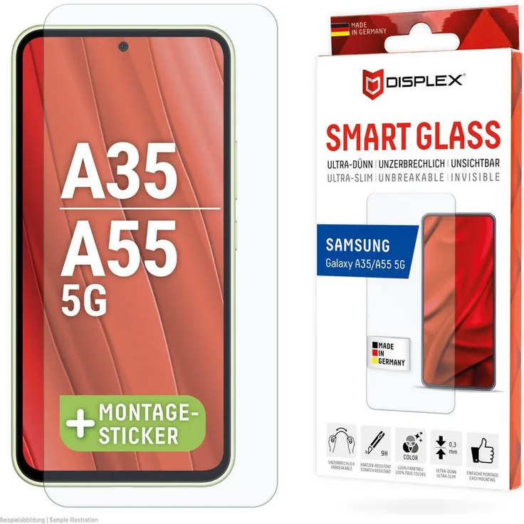 "Displex Smart Glass (9H) Panzerfolie für Samsung Galaxy A35/A55 5G, ultra-dünn, unzerbrechlich, transparent"