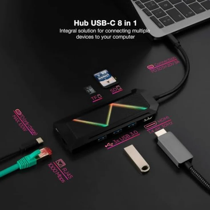 NANOCABLE 10.16.0801 USB-C Hub, 8-in-1 mit 2xUSB-A, USB-C Laden, HDMI 4K, Gigabit RJ45, schwarz – Bild 2
