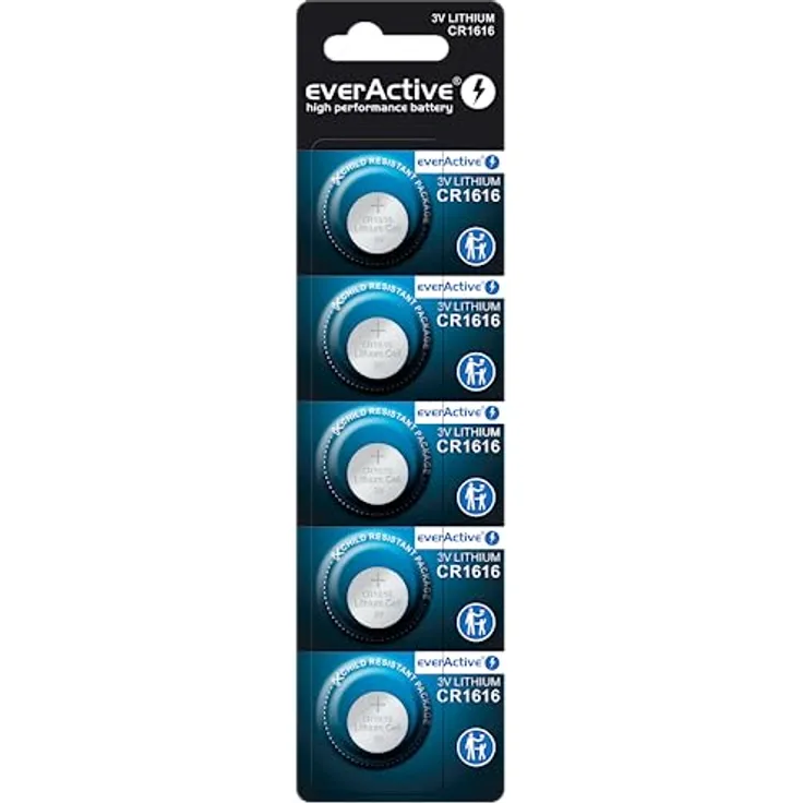 everActive CR1616, 3V, Lithium Knopfzelle Batterien, leistungsstärkste Batterie, 10 Jahre Haltbarkeit, 5 Stück -1 Blisterkarte