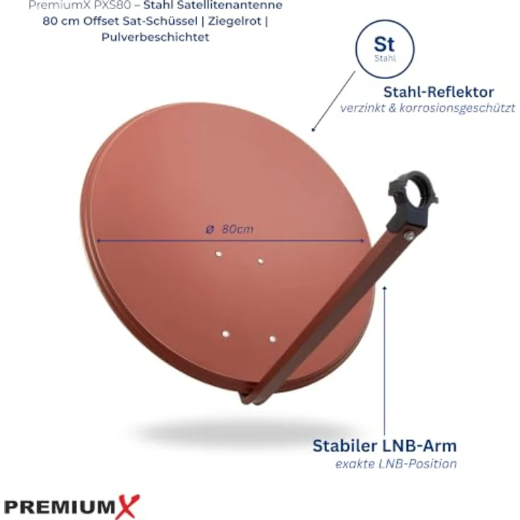 PremiumX Satelliten-Komplettanlage PXS80, 80 cm Satellitenschüssel in Ziegelrot mit Twin LNB und 4 F-Steckern, ideal für 2 Teilnehmer, 4K Ultra HD, robust und wetterbeständig – Bild 2