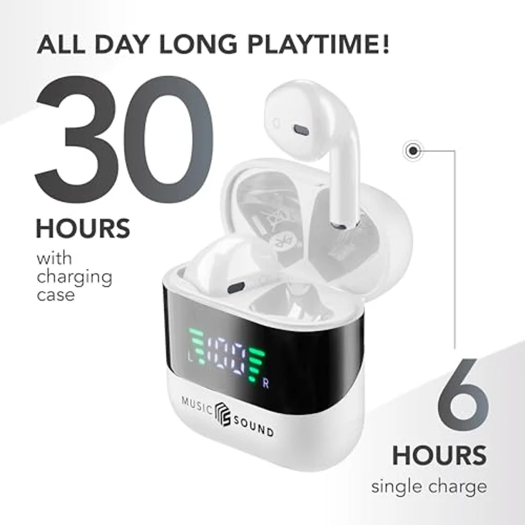 Music Sound Spark TWS Kopfhörer, Bluetooth, Wireless, LED-Display, 30 Stunden Wiedergabe, automatisches Pairing, Touch-Steuerung, Weiß – Bild 5