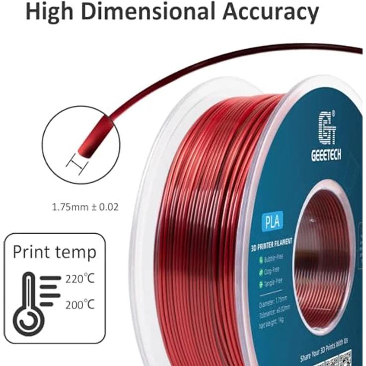 GEEETECH Silk PLA Filament 1,75mm, 1KG Spule, Dual Silk Schwarz Rot, hochwertige glänzende Oberfläche, präzise und verzugsfrei – Bild 5