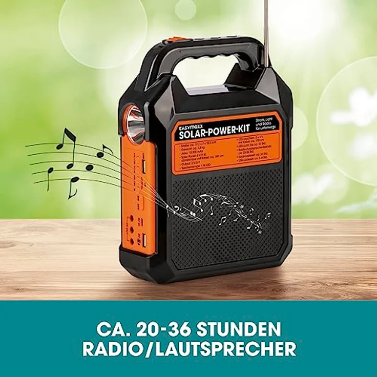 Easymaxx Solar-Power-Kit 09467, Powerbank 10000 mAh mit Solaraufladung, Schwarz, Orange, inkl. LED-Lampe und Lautsprecher – Bild 6