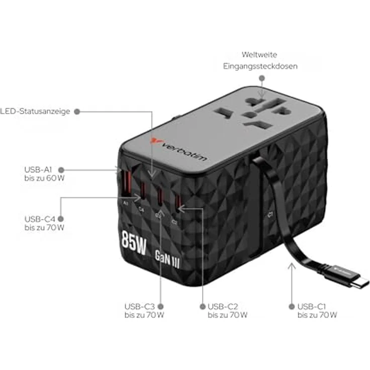 Verbatim Charge 'n' Travel GaN III, USB Ladegerät mit 85 W Leistung, schwarz – Bild 2