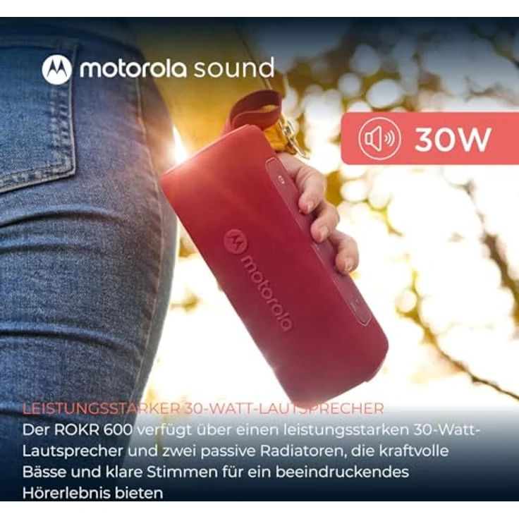 Motorola Sound ROKR 600, kabelloser Bluetooth-Lautsprecher, 30 W Sound, IP67 wasser- und staubbeständig, 6 Stunden Akkulaufzeit, Rot – Bild 3