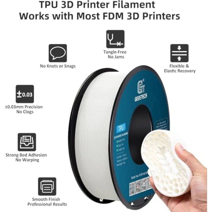 GEEETECH TPU 95A Filament, Weiß, 1kg Spule für 3D-Drucker mit hervorragender Schichthaftung und Flexibilität – Bild 3