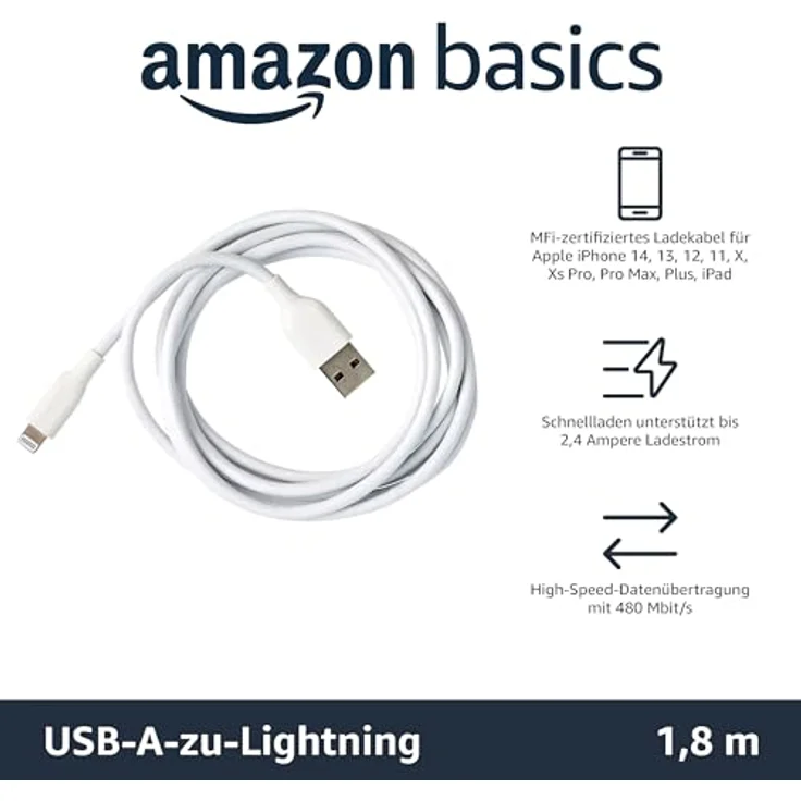 AmazonBasics – Verbindungskabel Lightning auf USB-A, MFi-zertifiziertes Ladekabel für iPhone, weiß, 1,82 m - Preisvergleich – Bild 2