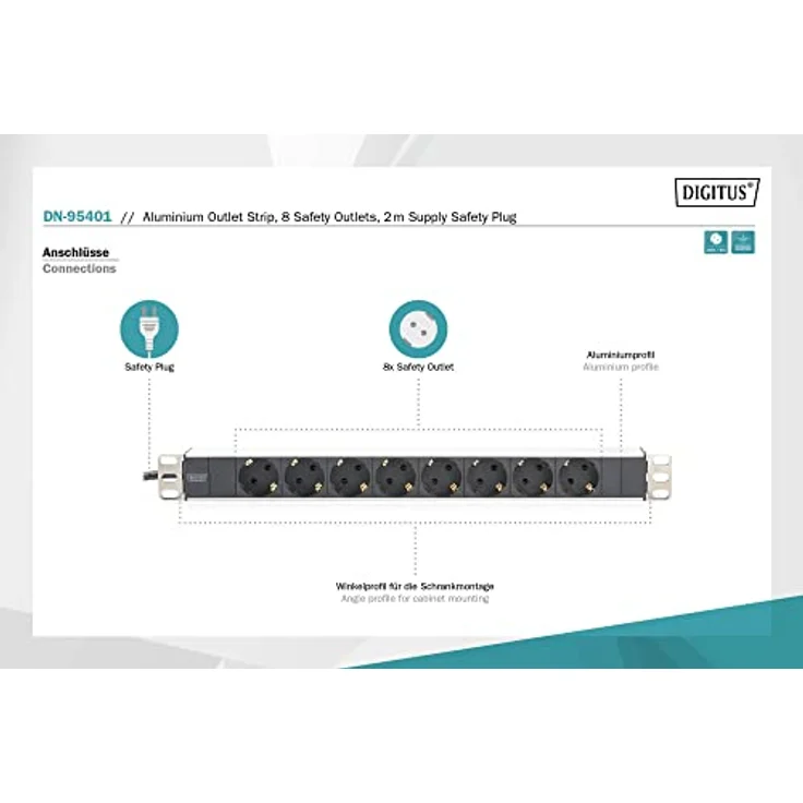 DIGITUS 19'' Steckdosenleiste, 8 Abgriffe, 1HE, 250VAC, 50-60Hz, 16A, 4000W – Bild 2