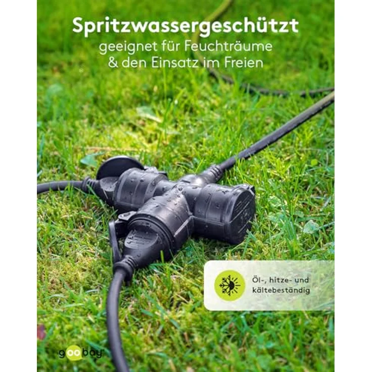 goobay 65439 Outdoor 3-Fach Verlängerungskabel/Stromkabel mit Schutzklappen (IP44) - 25m, schwarz – Bild 3