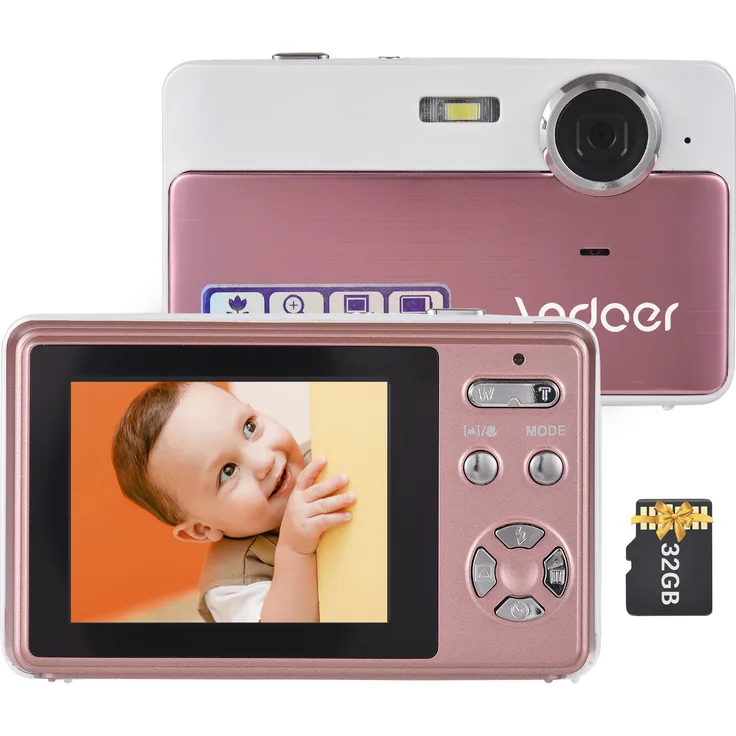 Andoer 4K-Kompakt-Digitalkamera, 40 MP Video-Camcorder mit 16-fachem Digitalzoom, 2,4-Zoll-IPS-Bildschirm, Anti-Shake, Smile Capture, inkl. 32 GB Speicherkarte, schwarz/pink