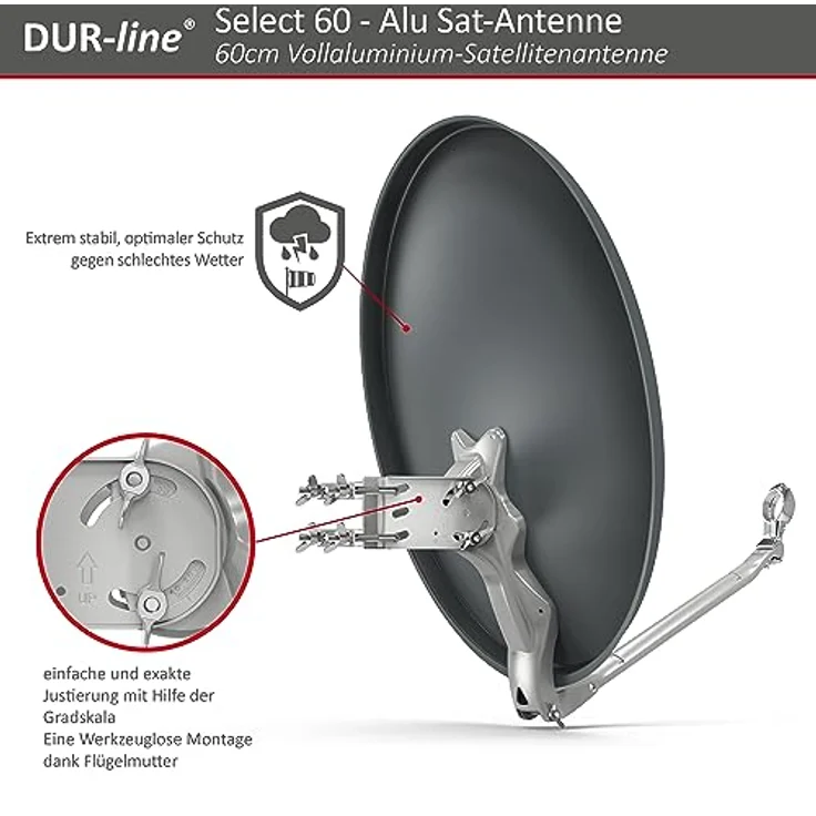 DUR-line 2 Teilnehmer Set - Qualitäts-Alu-Satelliten-Komplettanlage - Select 60/65cm Spiegel/Schüssel Anthrazit + Twin LNB - für 2 Receiver/TV [Neuste Technik, DVB-S2, 4K, 3D] – Bild 5
