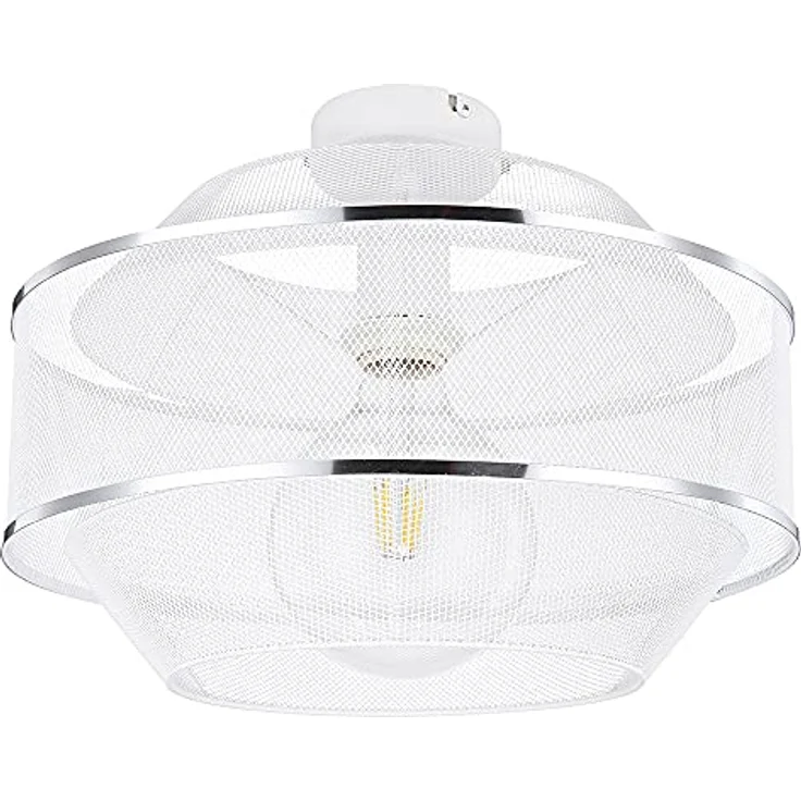 Globo Deckenleuchte Drahtgeflecht Esszimmer Designlampe Deckenlampe, 1 flammig mit zwei Chromringen in Gitteroptik, Metall Käfig weiß, E27 Fassung, 27,5x12x21,5 cm – Bild 1