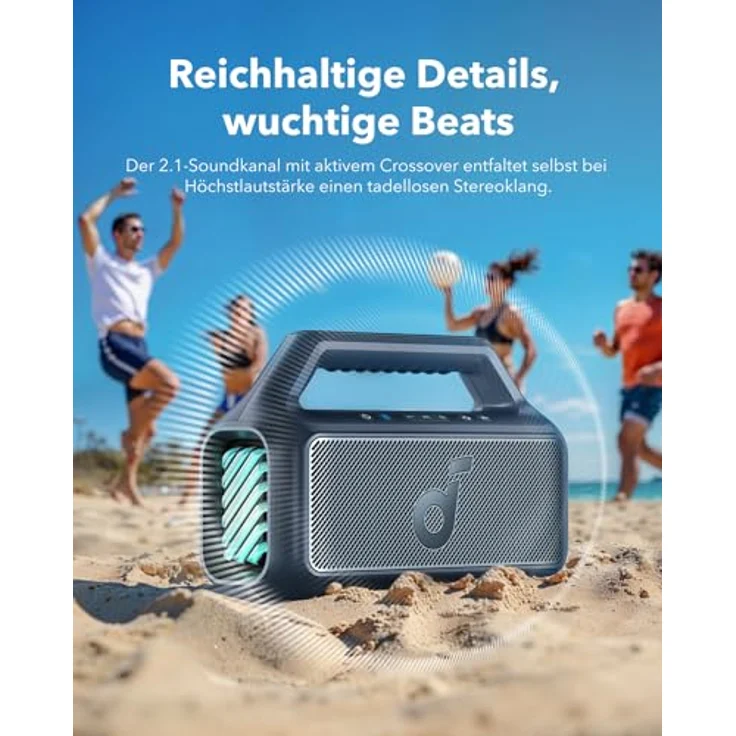 soundcore by Anker, Boom 2 Outdoor-Lautsprecher, 80W, Subwoofer, BassUp 2.0, 24h Akku, IPX7 Wasserdicht & Schwimmt, LED-Licht, USB-C, EQ, BT 5.3, Mobiler Bluetooth-Speaker, Camping, Strand, Garten, Blau – Bild 3
