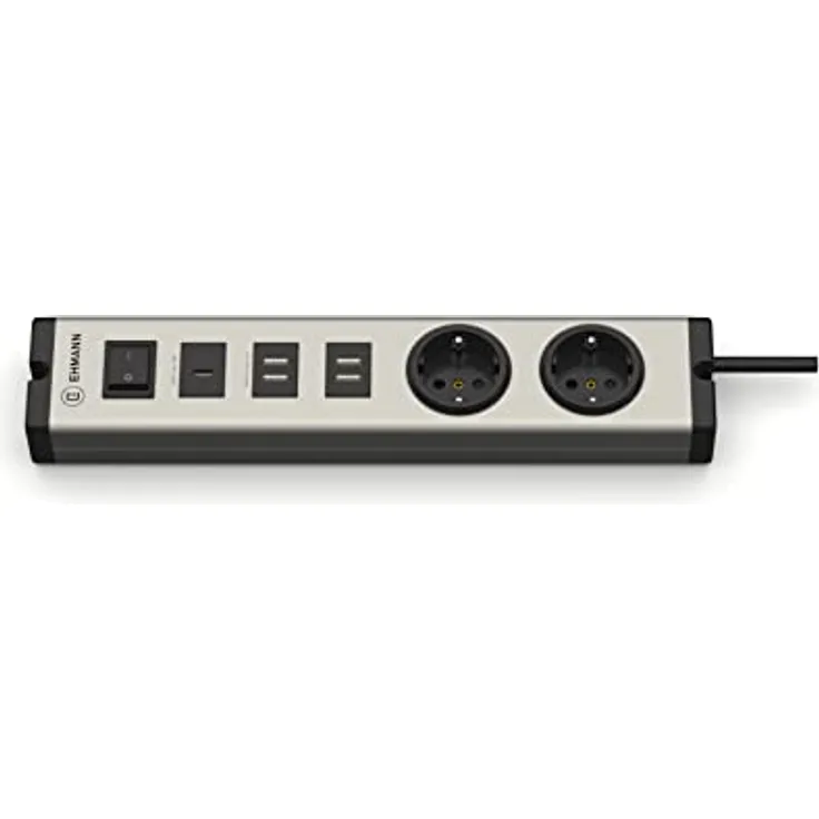 Ehmann 0601x0g02203301 Alu USB Multilader mit 5 USB-Ports (1x USB-C 18W, 2X Doppel-USB A Ports á 2,1A), 2 Schutzkontakt Steckdosen, zum Laden von Smartphone, Tablet usw. mit 1,5 m Zuleitung