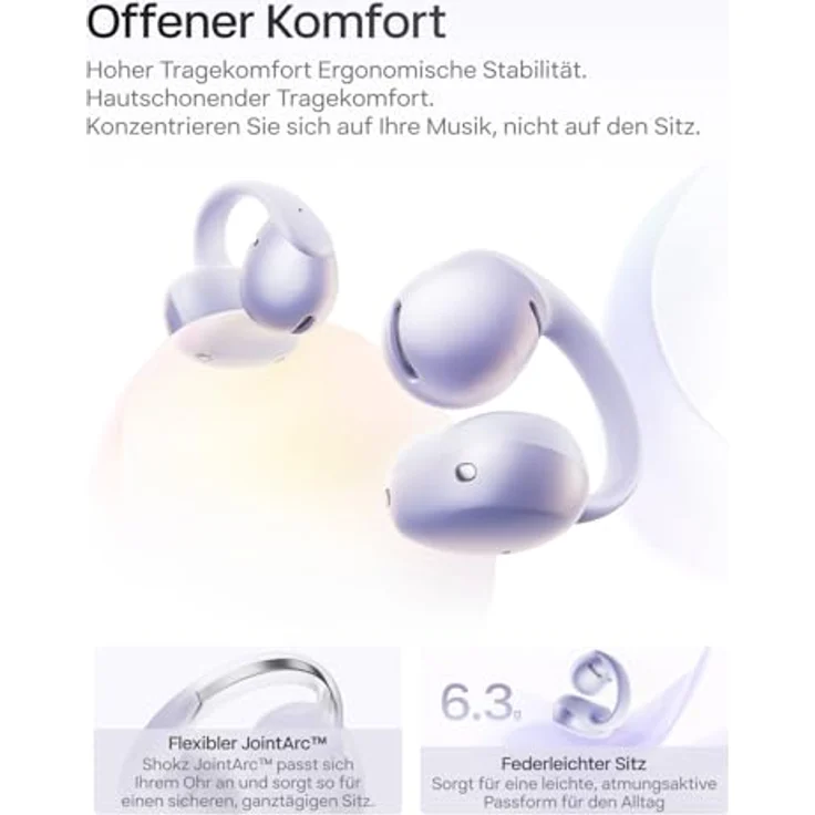 SHOKZ OpenDots Air, Open-Ear-Kopfhörer mit Clip-on, 36 Std. Wiedergabe, Bluetooth 6.1, IP55, Tiefes Bass, Morgenlila – Bild 3