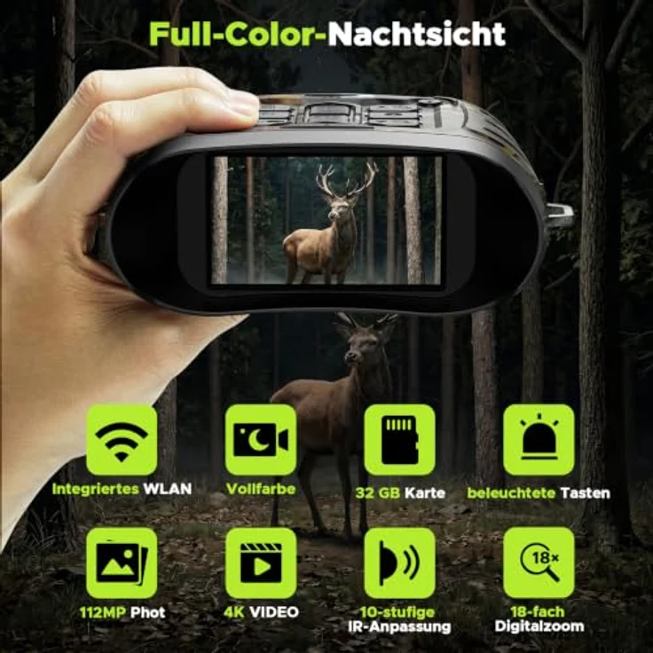 HOTPEAK Nachtsichtgerät 4K 112MP, 600m Reichweite, 18-fach Zoom, 4 Zoll HD Bildschirm, 32GB Karte, wiederaufladbar, 5000mAh Akku für Jagd, Camping und Beobachtung – Bild 3