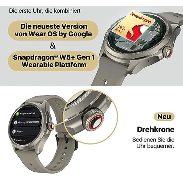Ticwatch Pro 5 Android Smartwatch für Männer Snapdragon W5+ Gen 1 Wear OS Smartwatch 80 Stunden Lange Akkulaufzeit Gesundheit Fitness Tracking 5ATM Wasserbeständigkeit Kompass Nur Android kompatibel, Sandstone – Bild 3
