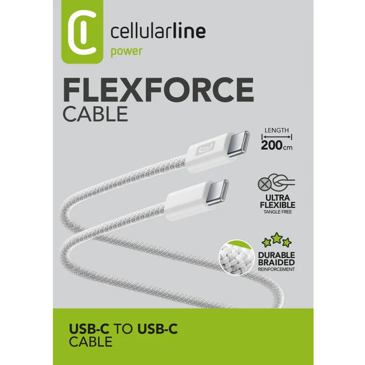 Cellularline Flexforce Data Cable 2 m, USB Typ-C auf USB Typ-C, weiß, schnellladefähig, silikongeschützt