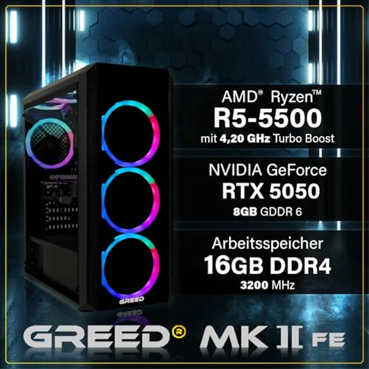 GREED MK2 FE - Gaming PC - AMD Ryzen 5 5500, RTX 5050 (8GB), 16GB DDR4 RAM, 512GB SSD, WiFi, Windows 11 Pro, 4,6 GHz – Bild 3