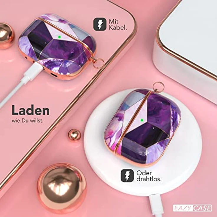 EAZY CASE - Schutzhülle für AirPods Pro 2 Hülle in Lila Marmor, Stoßfest mit Karabiner und Antikratz-Etui, rutschfestes Hardcase – Bild 5