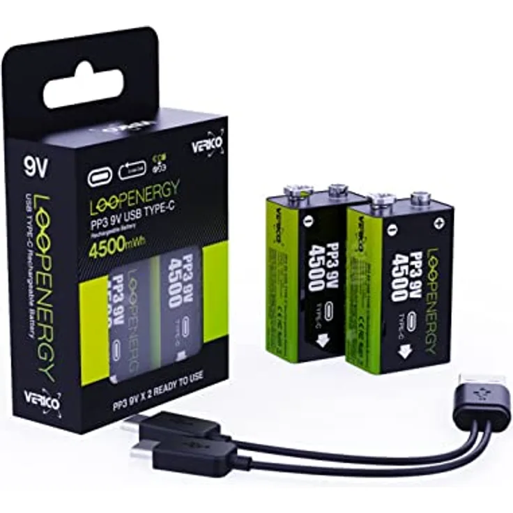 Verico LoopEnergy 9V Block 2er Pack, PP3, 4500 mWh, Wiederaufladbare USB-C Batterie, Li-Ion, 1 Ladekabel USB Type A auf 2 x Type C