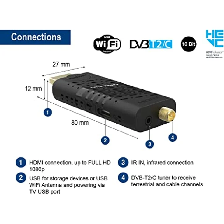 Edision Nano T265+ Terrestrischer DVB-T2 und Kabel DVB-C HDMI dongle Receiver, H265 HEVC, FTA, Full HD, PVR, USB, HDMI, IR, USB WiFi Support, Universal 2in1 Fernbedieung, Schwarz – Bild 3