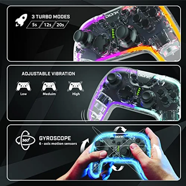 BIONIK Neoglow Switch Wireless Controller Gamepad, kabellos für Android, Nintendo Switch, PC, transparent mit Turbo-Taste – Bild 10
