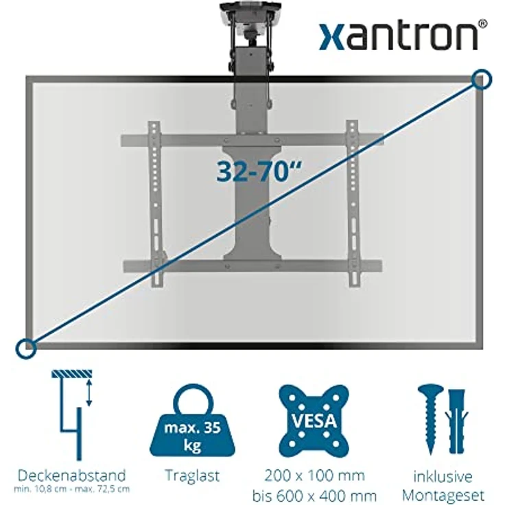 Xantron DEHA-600E elektrische TV Deckenhalterung neigbar klappbar für 32-70 Zoll, VESA bis 600x400 mm, bis 35 kg, schwarz – Bild 2