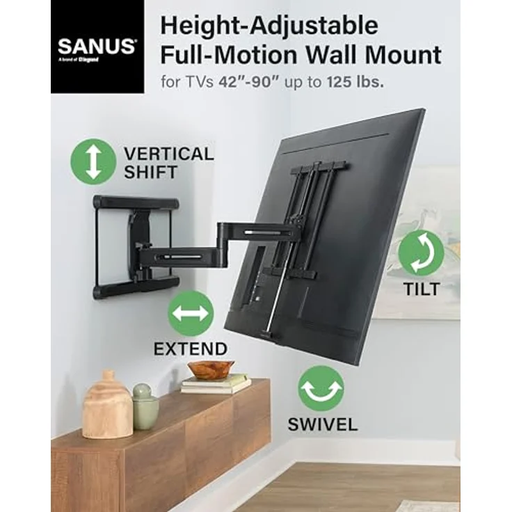 SANUS Höhenverstellbare, vollbewegliche TV-Wandhalterung für 42 bis 90 Zoll Fernseher, 10,2 cm Höhenverstellung, 98° drehbar, 3-Schritt-Installation – Bild 2
