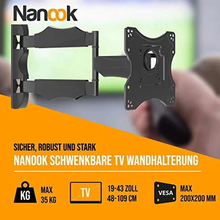 NANOOK TURN S Schwenkbare TV wandhalterung für 19-43 Zoll Fernseher | Neigbar | Wandhalter für LCD, LED, QLED und OLED Fernseher | Universelle Kompatibilität | VESA 100 x 100 bis 200 x 200 | Schwarz – Bild 2