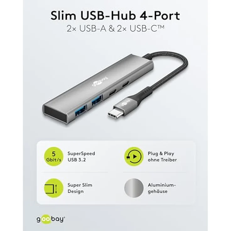 goobay USB-C Hub 76563, 4-Port 3.2 Adapter mit 5Gbit/s, 2x C und 2x A Ports, Slim Aluminium Design für MacBook, Windows, Laptop, Tablet & Smartphone – Bild 2