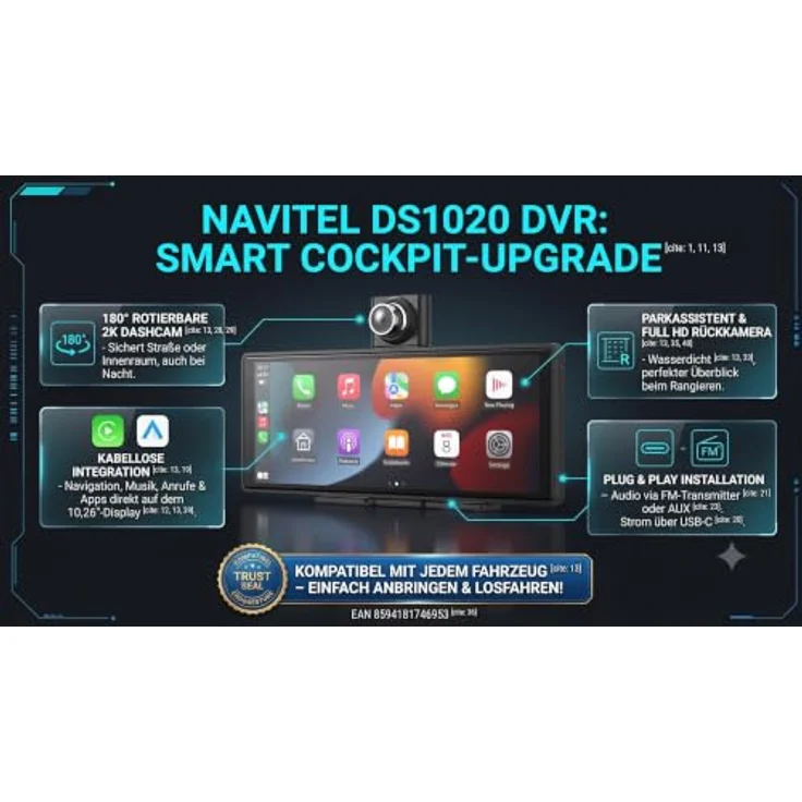 Navitel DS1020 DVR, 2K Ultra HD Dashcam mit 10,26" Touchscreen, 2560 x 1440 Pixel, Dual-Kamera, 140° Front- und 105° Rückwinkel – Bild 2