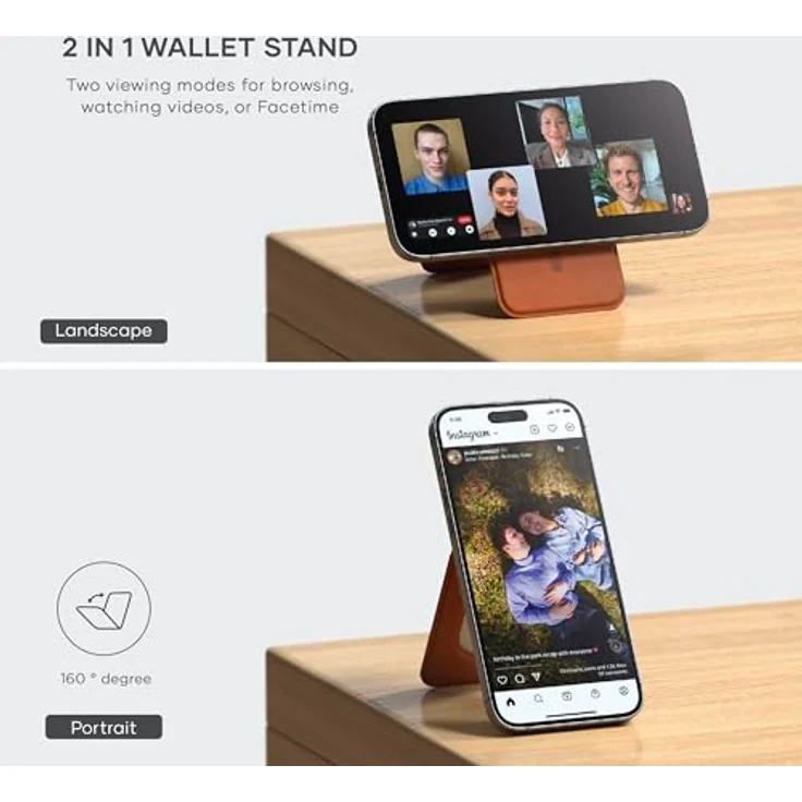 SATECHI Magsafe Wallet und Double Flap Stand mit Magnetfunktion, iPhone Wallet mit 4 Kartenfächern, Frontklappe NFC Pass Through für iPhone 15, iPhone 14, iPhone 13, iPhone 12 – Vegan Leder, Braun – Bild 4
