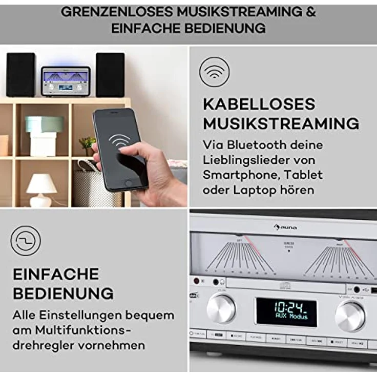 Auna DAB Radio CD-Player für Zuhause, FM/DAB/DAB+ Radio mit Bluetooth und AUX, 25W Abnehmbare Micro-Lautsprecher, LCD-Display, Fernbedienung, MP3, USB & Musik-Streaming, DAB Radio Netzbetrieben, Silber – Bild 4