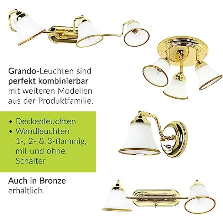 Licht-Erlebnisse Deckenleuchte GRANDO aus Glas Metall in Gold für Badezimmer Bad Ø23 cm E14 max. 40 W 3-flammig blendarm runde Deckenlampe Jugendstil – Bild 3