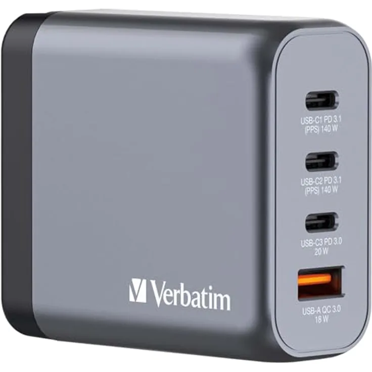 Verbatim GaN Charger 140 W, 4 Ports USB-C Ladegerät mit 3 x USB-C, 1 x USB-A, schnellladefähig, silbergrau, für MacBook, iPad, iPhone, Samsung und mehr