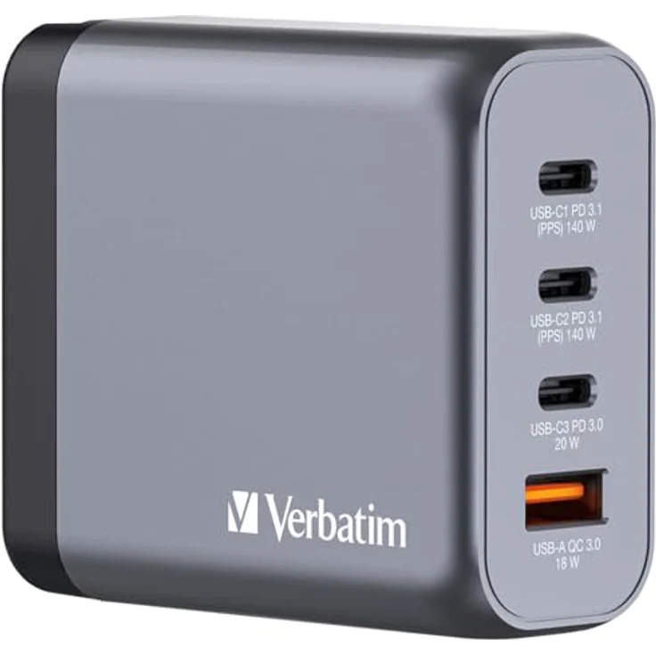 Verbatim GaN Charger 140 W, 4 Ports USB-C Ladegerät mit 3 x USB-C, 1 x USB-A, schnellladefähig, silbergrau, für MacBook, iPad, iPhone, Samsung und mehr – Bild 1