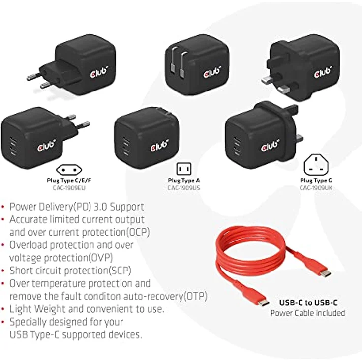 Club 3D CAC-1909EU Reiseladegerät PPS 45W GAN-Technologie, Dualer Anschluss USB Typ-C, Power Delivery(PD) 3.0 Unterstützung – Bild 4