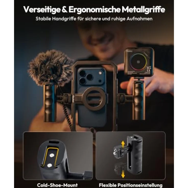 Rollei Universal Smartphone Cage All-in-One Video Rig, Aluminium, ergonomische Griffe, kompatibel mit MagSafe, 20 Gewinde und 4 Cold Shoes – Bild 4