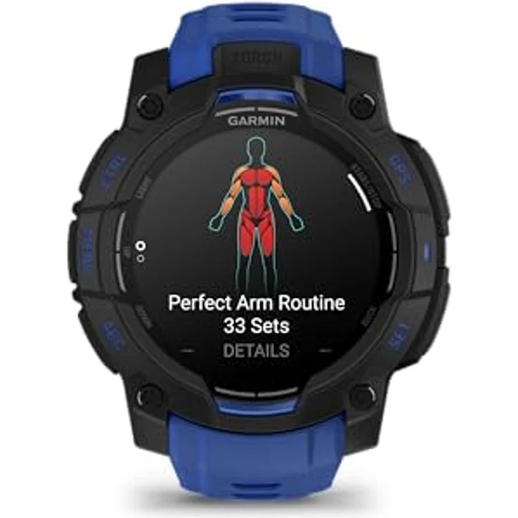 Garmin Instinct 3, 45 mm Outdoor-GPS-Smartwatch mit AMOLED-Display, integrierter Taschenlampe, limitierte Supernova-Kollektion, schwarz mit Bolzenblau/schwarzem Silikonband – Bild 4