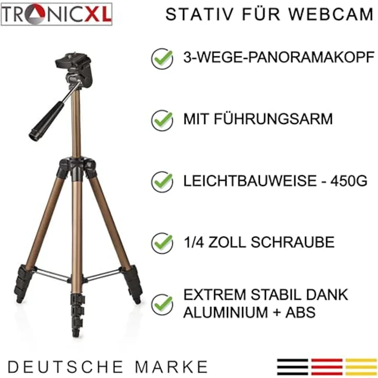 TronicXL Tripod Stativ für Webcam Logitech C920 Brio 4K C925e C922x C922 C930e, einstellbare Höhe 35-105cm, 3-Wege-Panoramakopf, lichtgewichtig, praktische Transporttasche – Bild 6