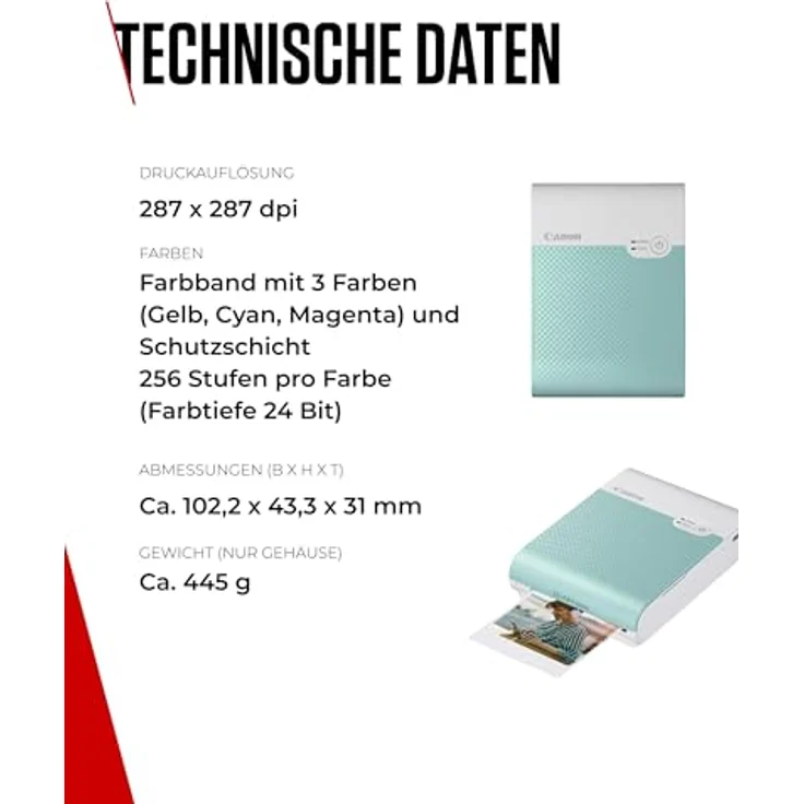 Canon SELPHY SQUARE QX10 Mini-Fotodrucker - mit quadratischem Druck (eingebauter Akku, WLAN, 287 dpi x 287 dpi, USB Kabel, Thermosublimationsdruck) mintgrün – Bild 6