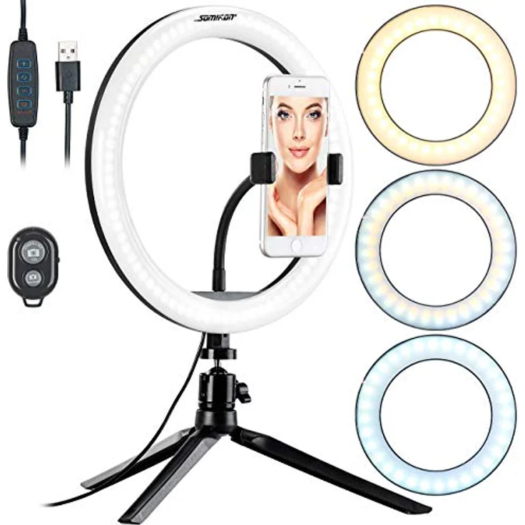 Somikon Ring Light Profi LED-Ringlicht, Ø 10" / 26 cm, Fernauslöser & Smartphone-Halter (schwarz) – Bild 1